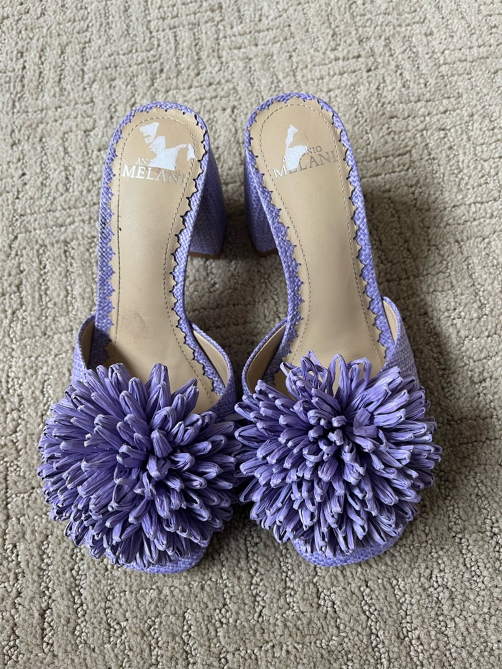 ANTONIO MELANI Raffia Pom-Pom Block Heel Slides